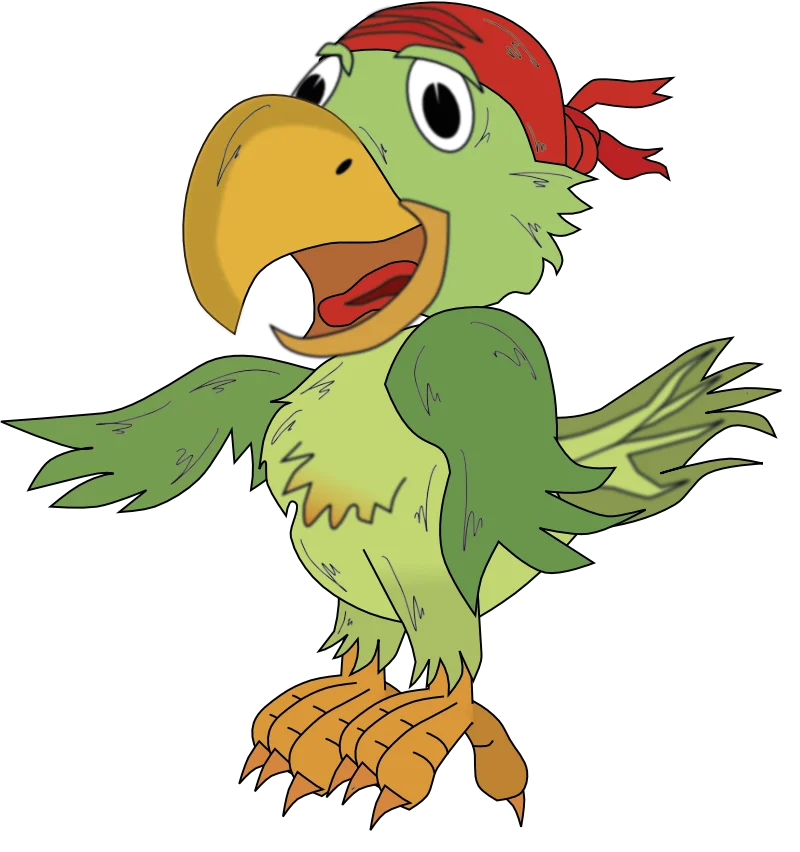 Ein gezeichneter grüner Papagei im Cartoon-Stil, der auf die Überschrift zeigt.