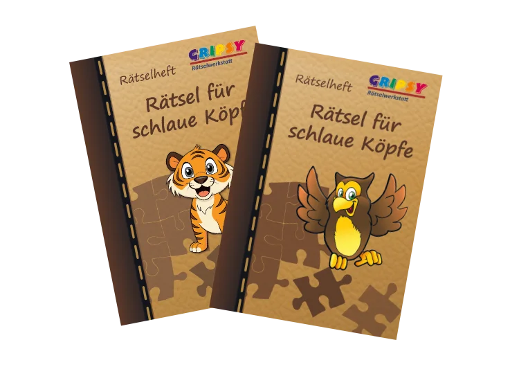 Die beiden Rätselhefte "Rätsel für schlaue Köpfe" mit Tiger "Oscar" beziehungsweise Eule "Mara" auf den Covern.