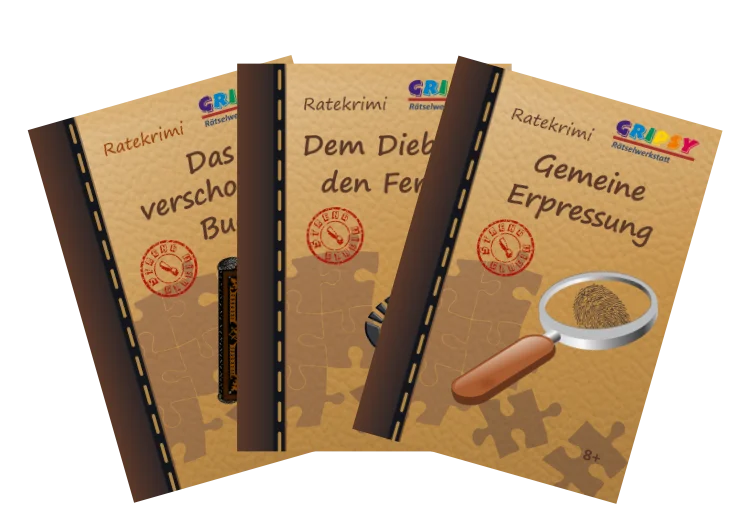 Eine Zusammenstellung der drei Ratekrimis "Das verschollene Buch", "Dem Dieb auf den Fersen" und "Gemeine Erpressung"