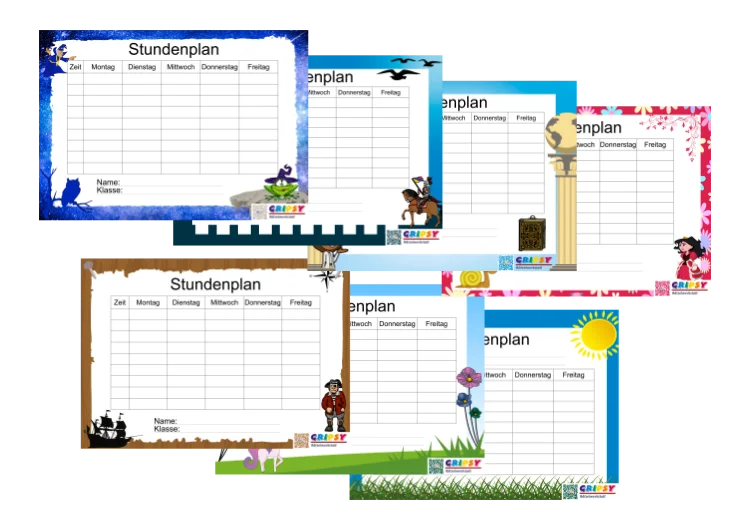 Eine Übersicht von Stundenplänen für den Schulunterricht in verschiedenen Designs.