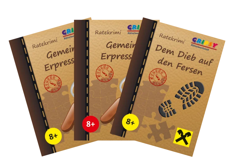 Den Ratekrimi "Gemeine Erpressung" mit dem Logo der AK Kids, sowie die beiden Ratekrimis "Gemeine Erpressung" und "Dem Dieb auf den Fersen" mit dem Logo der Raiffeisenbank