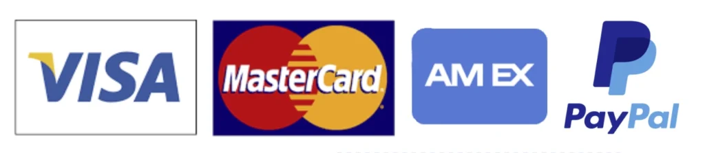 Eine Übersicht mit Kreditkarten, die zur Zahlung akzeptiert werden. Dazu gehören Visa, Mastercard, American Express und PayPal.